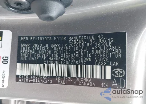 2016 Toyota Corolla L/Le/Le Pls/Prm/S/S Pls from USA, damaged, VIN 2T1BURHE9GC706837